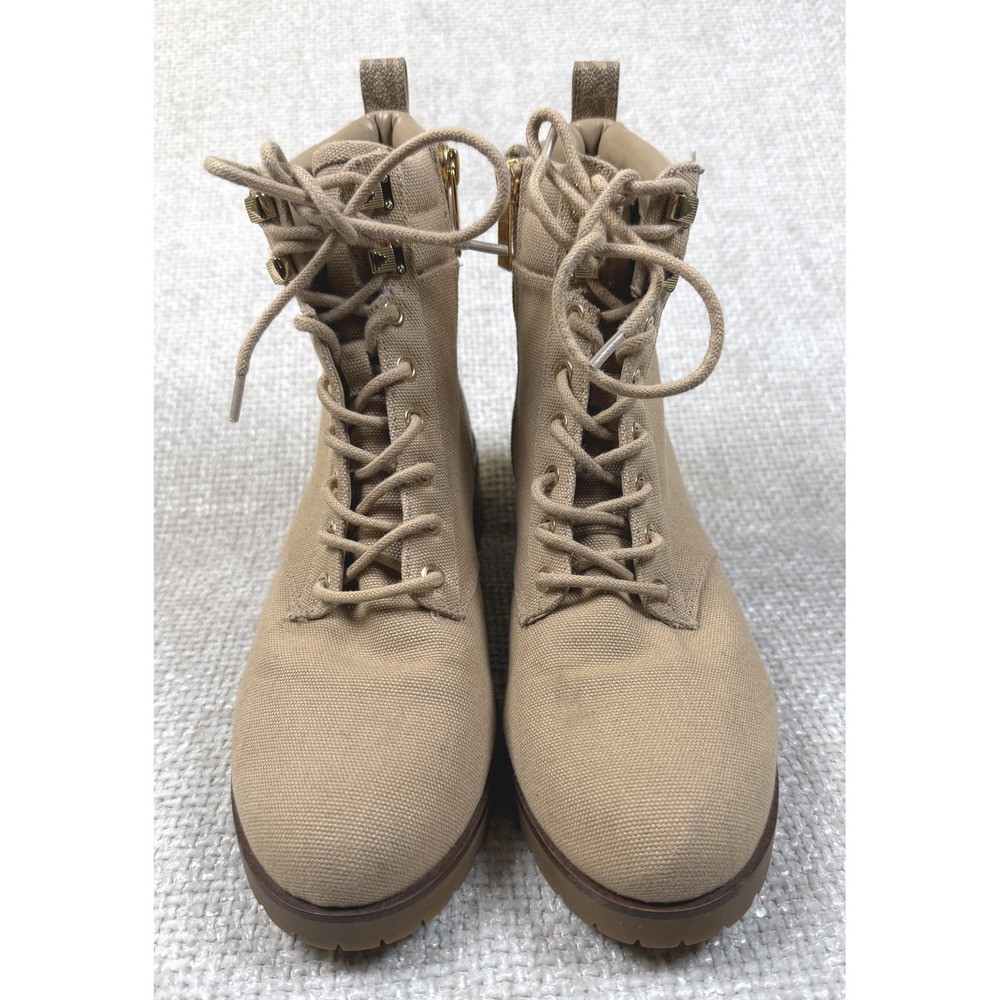 Michael Kors Beige Canvas Lace Up Combat Ankle Boots Side Zip Gold Womens 8.5 M